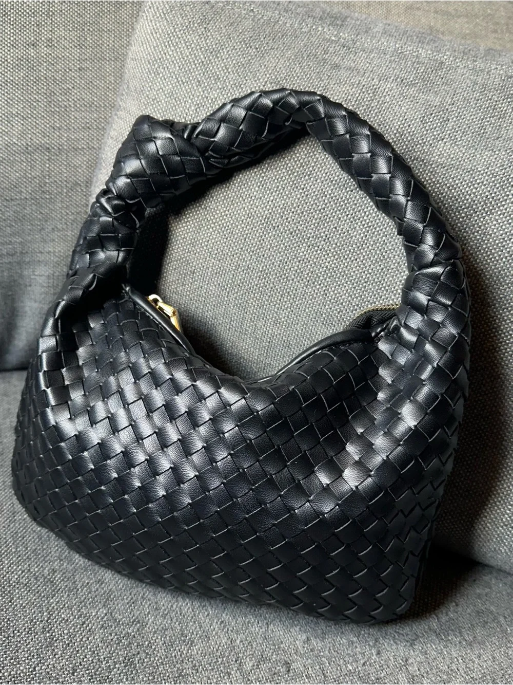 Melie Bianco Woven Vegan Leather Knot-Handle Hobo Bag – Black